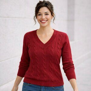 Caslon Petite M Red V-Neck Cable Knit Sweater 100% Cashmere Long Sleeve